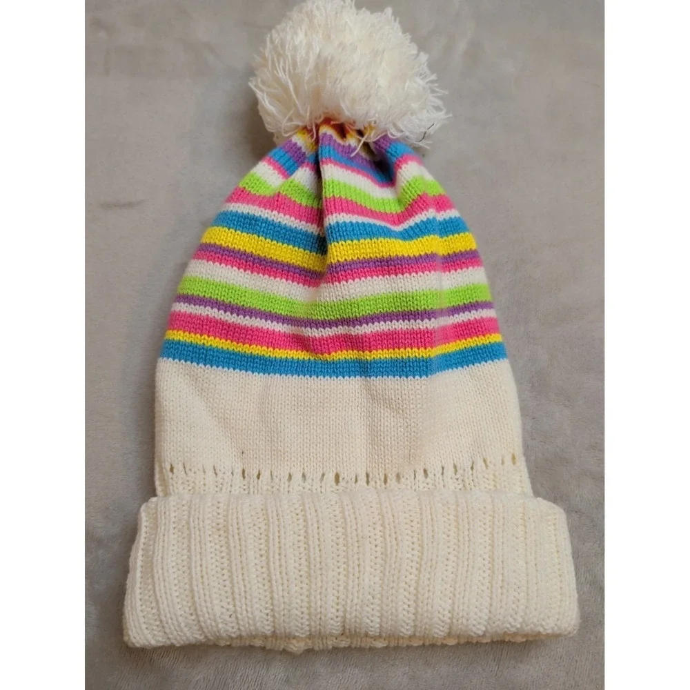 Girls The‎ Children's Place Knit Pom Beanie Hat 10-14 Striped Fleece Lined